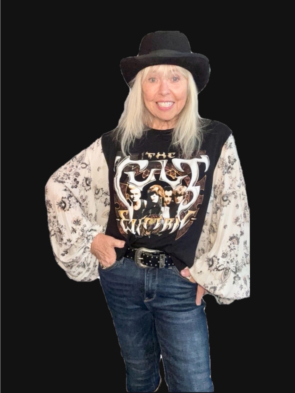 The Cult Rocktop Band Tee with Floral Bishop Sleeves - Black & Cream